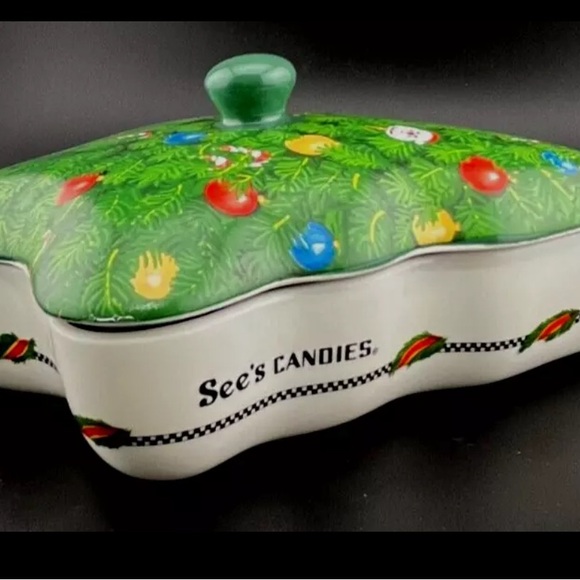 Christmas Tree Candy Container See's Candies Ceramic w. Lid Trinket Dish Holiday - Picture 2 of 3